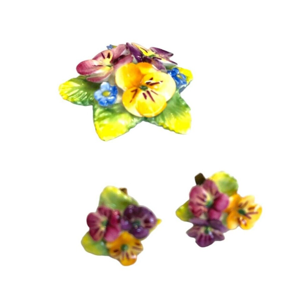 Artone Brooch Earring Set England China Flowers Purple Yellow Pink Vintage